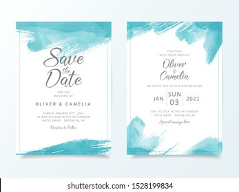 Blue brush stroke wedding invitation card template. Elegant abstract background save the date, invitation, greeting card, multi-purpose vector