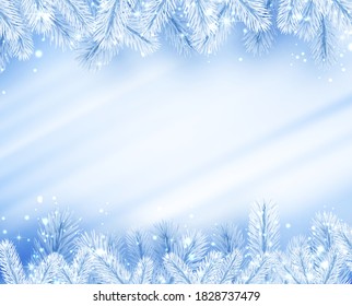 Blue brush strokes background with frozen snowy spruce branches. Some space for your text. Vector holiday illustration.