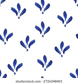 O pincel azul traça o padrão de vetor de imitação no plano de fundo branco. Traçados de pincel azul contínuo apresentam textura pintada à mão de aquarela. O design minimalista exibe traçados com pincel azul artístico.