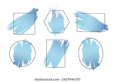 Trazos de pincel azul con marco de texto, marcos de arte geométrico establecidos. Conjunto de salpicaduras azules para logo, banners, flyers, postales y otros. Vector