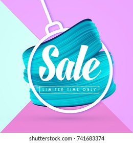 Blue brush-drawn smear in New Year ball shape isolated on colorful background. Winter Sale Banner. 