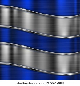 Blue brushed metal background with silver waves. Vector 3d illustration