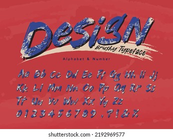 Blue brushy alphabet font and number on red grunge background. Paint brush typography. Trendy handwritten typeface for headline title, poster, t-shirt, graphic layout, advertising, banner, etc.