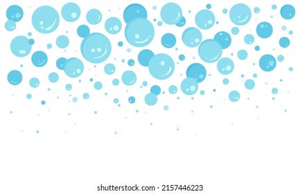 Blue bubble falling, vector soap background, carbonated  border, abstract suds pattern. Effervescent air ball stream. Cartoon soda pop. Fizzy drinks. Foam illustration