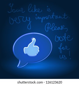 Blue bubble with like - vote for something on the web vector concept illustration