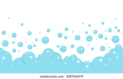 Blue bubble soap background, foam border, abstract frame, suds pattern. Transparent effervescent air bubbles stream. Cartoon soda pop. Fizzy drinks. Carbonated vector illustration