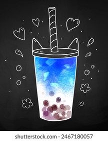 Blue Bubble Tea hand drawn vector illustration with line art doodles on chalkboard background