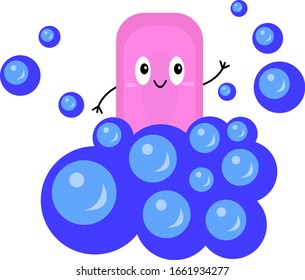 burbujas azules y caricatura de jabón morado con un bonito logo de sonrisa para el concepto de diseño de higiene y cosmética
