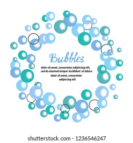 Blue bubbles circle frame. Water bubbles background. Soap vector illustration.
