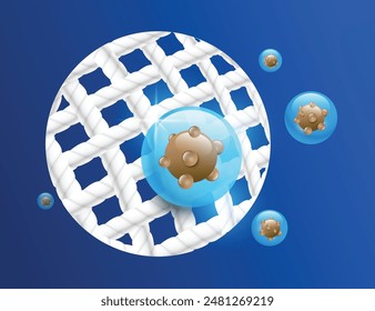 Blue bubbles from disinfectant or cleaning products It is trapping germs or stains from white cloth by magnifying it under microscope, vector 3d Advertisements for laundry detergent