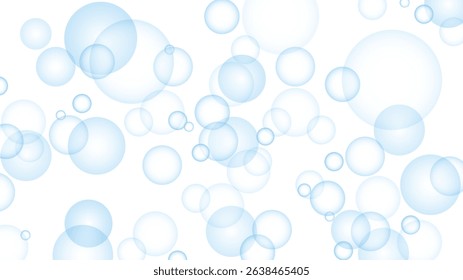 Blue bubbles on white background, empty horizontal banner. Light blue transparent circles, water or soap bubbles. Vector HD template with copy space for minimalist pure abstract design.