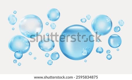 Blue bubbles on a white background. Multiple blue bubbles, large and small. Shiny blue bubbles floating. Blue bubbles create a calming effect. Soap bubble element vector set.
