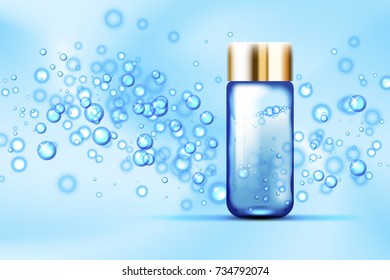 Blue bubbles and parfume glass bottle on abstract background. Suitable for beverages, cosmetics, healthcare concepts. Vector illustration