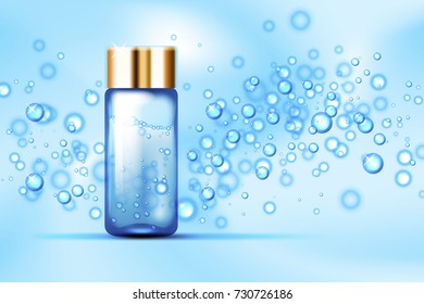 Blue bubbles and perfume glass bottle on abstract background. Suitable for beverages, cosmetics, healthcare concepts. Vector illustration