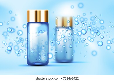 Burbujas azules y botellas de vidrio perfume se burlan sobre un fondo abstracto. Adecuado para bebidas, cosméticos, conceptos de salud. Ilustración del vector