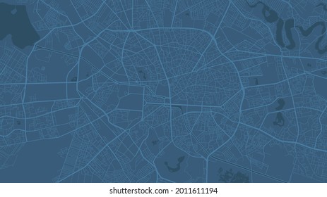 Blue Bucharest City area vector background map, streets and water cartography illustration. Widescreen proportion, digital flat design streetmap.