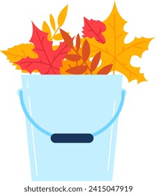 Blue bucket full of bright autumn maple and oak leaves. Fall season gardening and cleaning theme vector illustration.