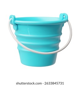 Blue bucket with handle 3D cartoon plastic style icon. Realistic housekeeping pail tool, cleaning or gardening equipment. Vector render illustration isolated on white background