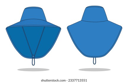 Blue bucket hat with cover neck protection template on white background.Front and back view, vector file