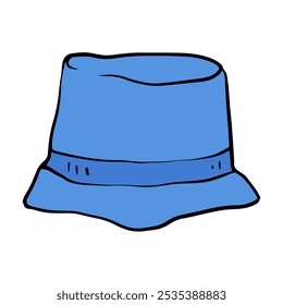 blue bucket hat outlined in black, with a brim that wraps around and a black band sporting three holes on the front. Rendered in a simple and cartoonish style, casual and playful aesthetic.