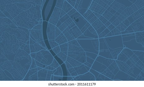 Blue Budapest City area vector background map, streets and water cartography illustration. Widescreen proportion, digital flat design streetmap.