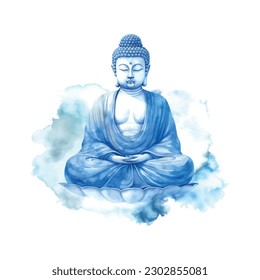Blue buddha watercolor, great design for any purposes for decoration design. White background.