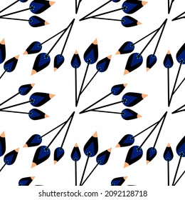 blue buds, spring plants seamless vector pattern, all over print, white background, blooming herbs, doodle