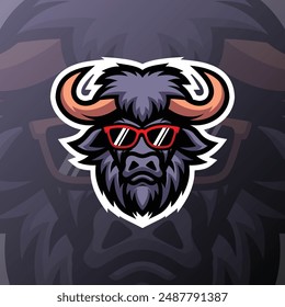 a blue buffalo head wearing red glasses