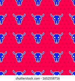 Blue Buffalo skull icon isolated seamless pattern on red background.  Vector Illustration
