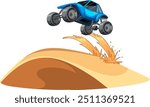 Blue buggy leaping over a sandy hill