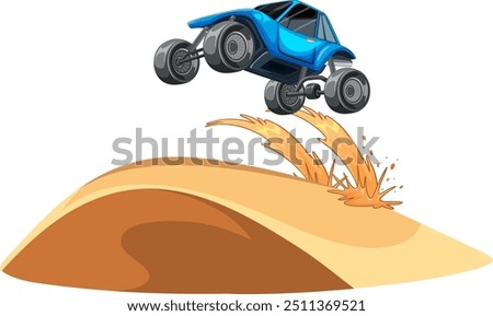 Blue buggy leaping over a sandy hill