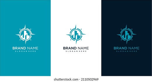 blue building compass logo design template. building target for your business logo