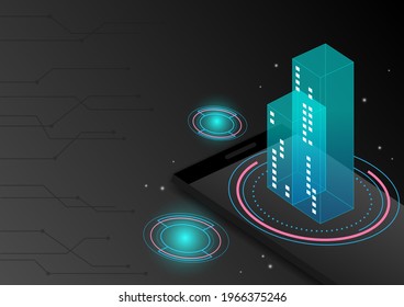 Blue building with digital circle and smart phone on the black background, city, landscape, architecture, technology