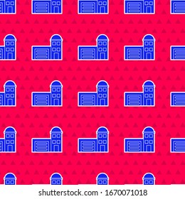 Blue Building of fire station icon isolated seamless pattern on red background. Fire department building.  Vector Illustration