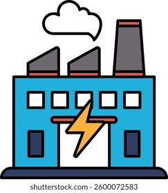 A blue building with a lightning bolt on it. The building is a factory and the lightning bolt represents the power it generates