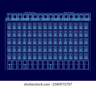 A blue building with many windows and balconies. The building is very tall and has a modern look