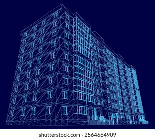 Blue building with many windows and a large entrance. The building is very tall and has a modern design