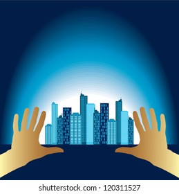 blue building on hands