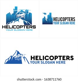 Blue building skyline helicopter and mountain symbol vector logo modern suitable for travel hotel holiday apartment transportation