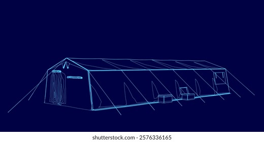 Blue building with a tent on top of it. The building is large and has a lot of space