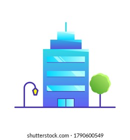Blaues Gebäude mit Baum und Straßenlampe Symbol. Städtische Architektur, Hotel, Wohnung, Hausgrafik