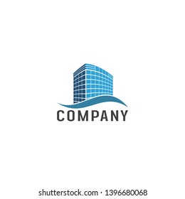 Blue Building with Wave Shape Illustration. Real Estate Company Logo Design Template