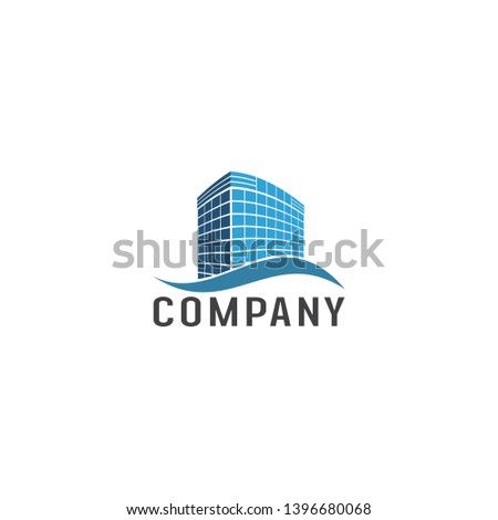 Blue Building with Wave Shape Illustration. Real Estate Company Logo Design Template