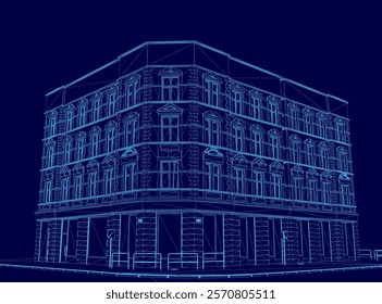 Blue building with a lot of windows. The building is very tall and has a lot of windows