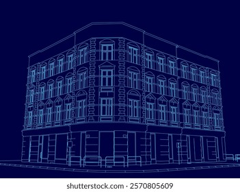 Blue building with a lot of windows. The building is very tall and has a lot of windows