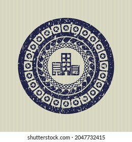 Blue buildings icon inside distressed with rubber seal texture. 