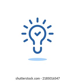 blue bulb with checkmark like expert insight icon. flat stroke linear simple trend modern efficiency logotype design element isolated on white. concept of visionary pictogram or conclusion symbol