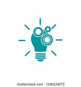 Blue bulb with gears and rays flat icon. Isolated on white. New business idea. New technology or idea. Design thinking. Vector illustration. Knowledge. Creative