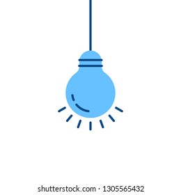 blue bulb hanging on wire. flat cartoon trend modern minimal advice logotype graphic art design isolated on white background. concept of lightbulb with halo symbol like innovative or best solution
