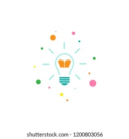 Blue bulb with open red book and rays. flat icon isolated on white. Education idea. online course. Design thinking. Vector illustration. Knowledge